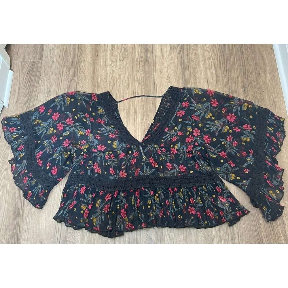 Free People S Black Sheer Floral Boho Blouse Open Back Crochet Trim Festival - Picture 2 of 10